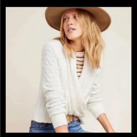 Maeve Rafaela Surplice Wrap Front Sweater Medium Anthropologie Ivory NEW NWT - Picture 2 of 9